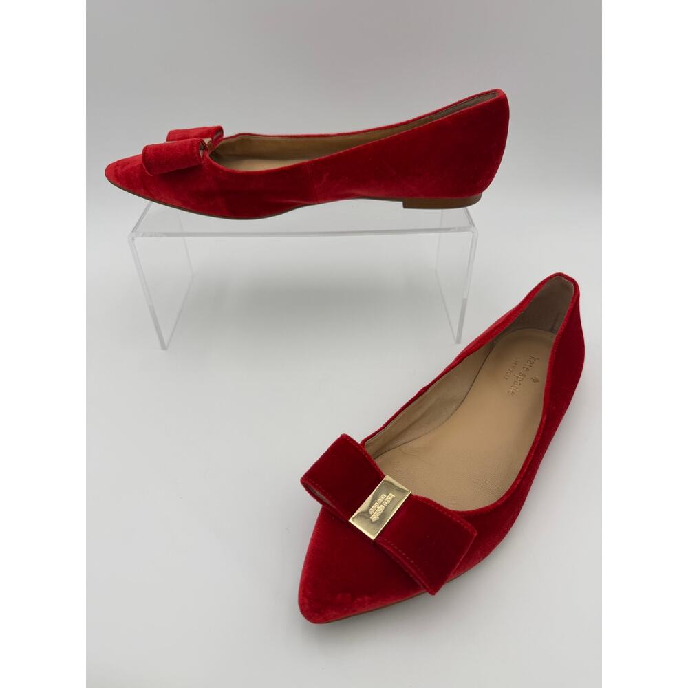 Kate Spade Emmie Red Velvet Flats Size 7 Medium Bow Point Toe - Picture 4 of 14